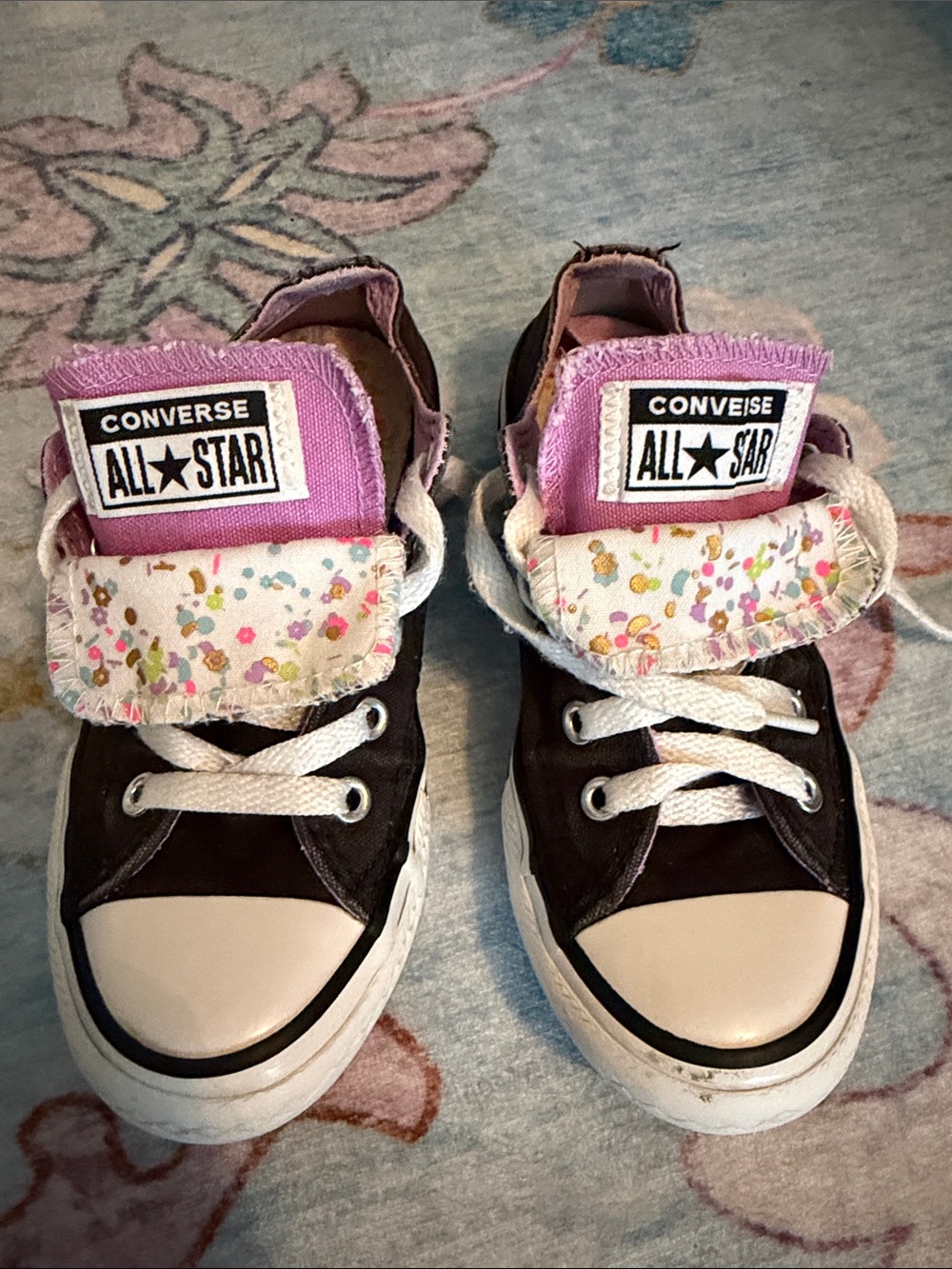 Converse Black Sneakers with Pink Floral Fold-Over Tongue